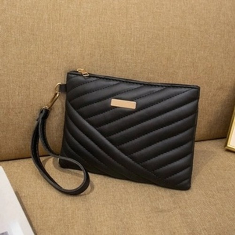 Womens Quilted Faux Leather Wristlet Clutch Bag Gold Hardware Black White